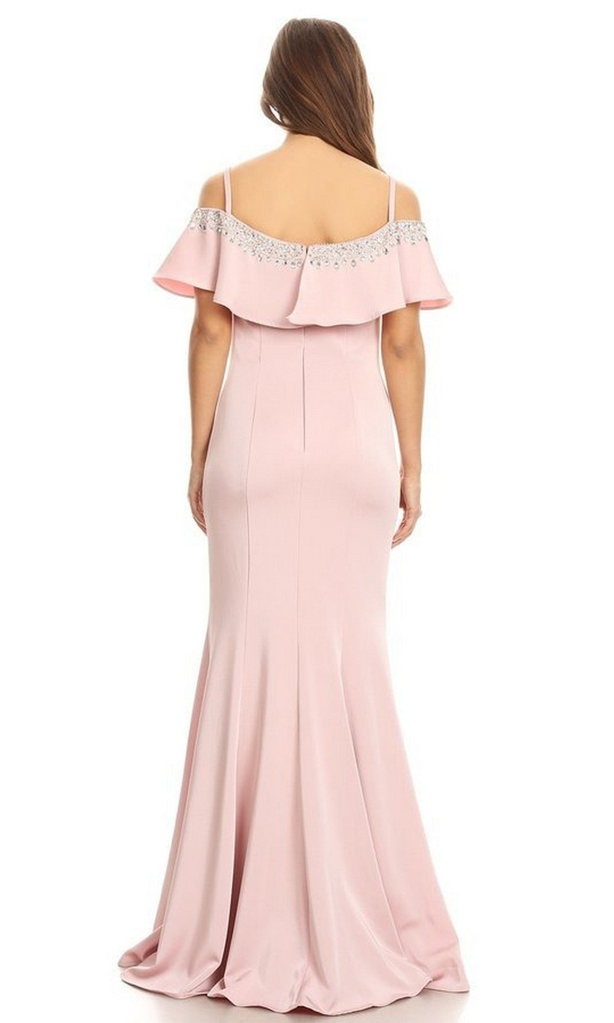 A woman is seen from the back wearing the Eureka 7333 long prom dress—light pink, off-the-shoulder, with beaded detailing and a floor-length silhouette.